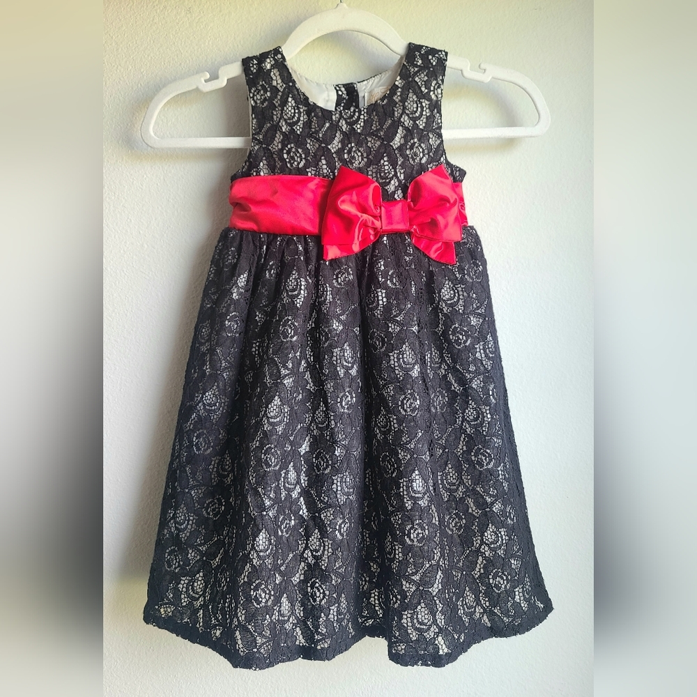Heirlooms by Polly Flinders- Girls' Black Lace Dress With Red Bow,, Sz 3T